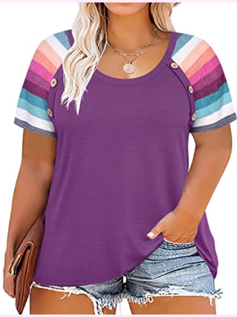 Plus Size Short Sleeve Crewneck T-Shirt Button Pullover Blouse Tunic